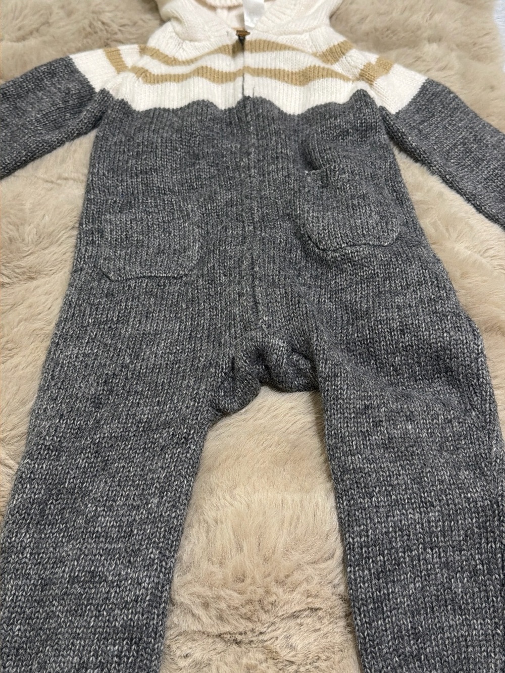 Carter's Hooded Knit One-Piece in Gray, White & Tan